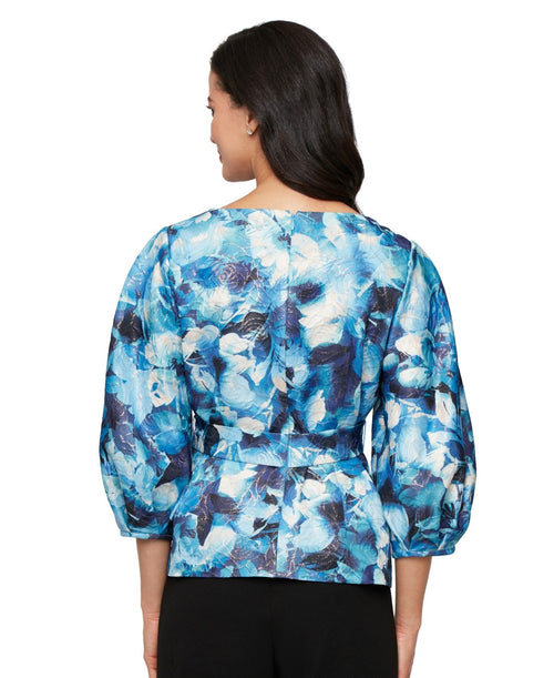 Alex Evenings Size XL Jacquard Print Metallic Top - Blue Multi