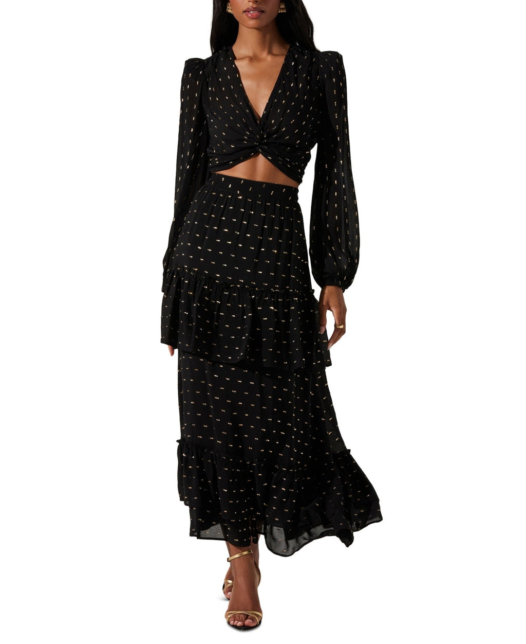 Astr the Label Women's Nix Tiered Embellished Skirt - Black Gold Lurex
