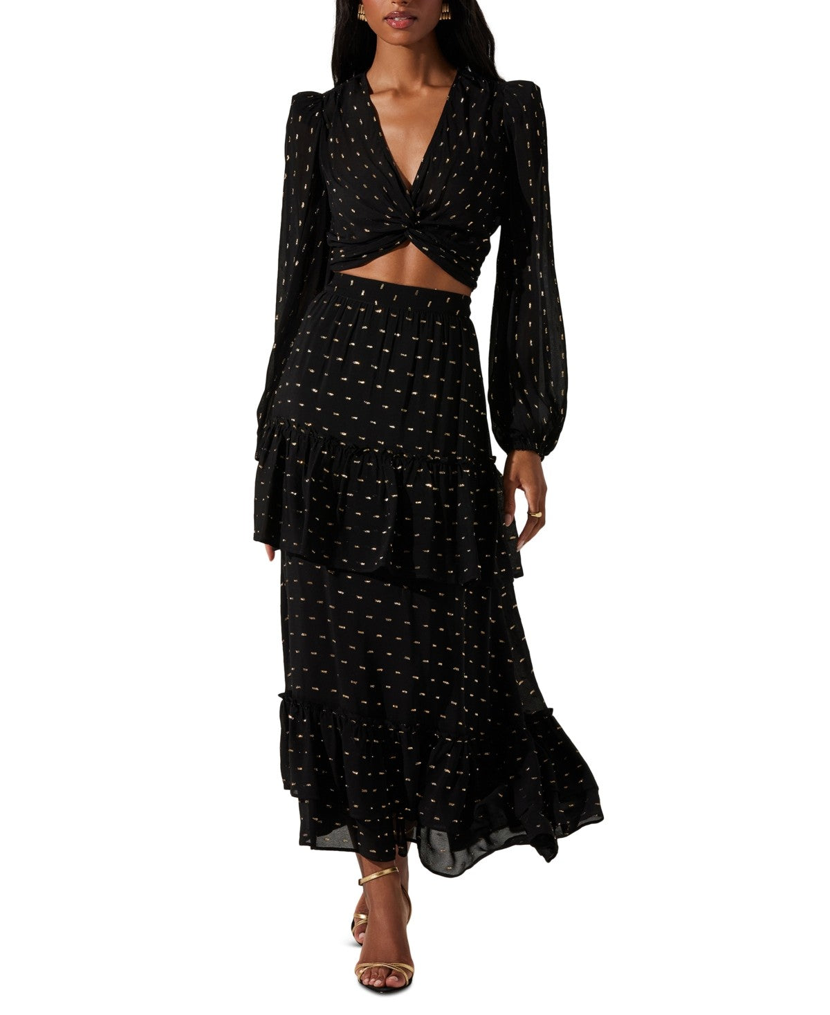 Astr the Label Women's Nix Tiered Embellished Skirt - Black Gold Lurex