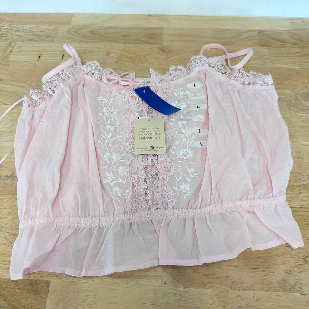 Self E Size L Lace-Trim Embroidered Peplum Tank Top - Tender Touch/White