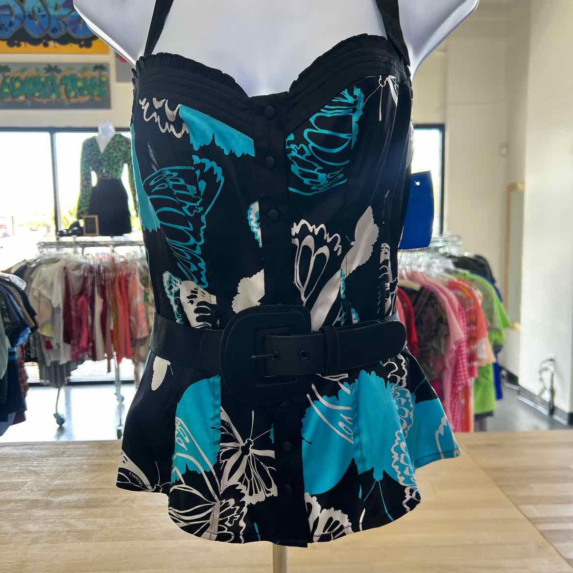Bebe Size XS Blue Black Silk Preloved Halter