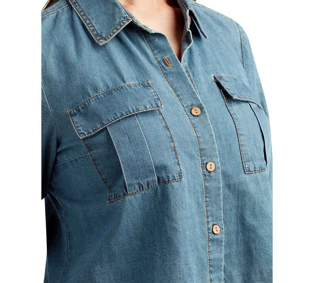 Bcx Juniors' Denim Cropped Utility Shirt - Denim
