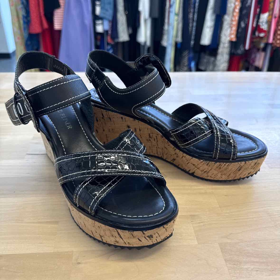 Donald J Pliner Shoe Size 9.5 Black Platform Cork Wedge Sandals
