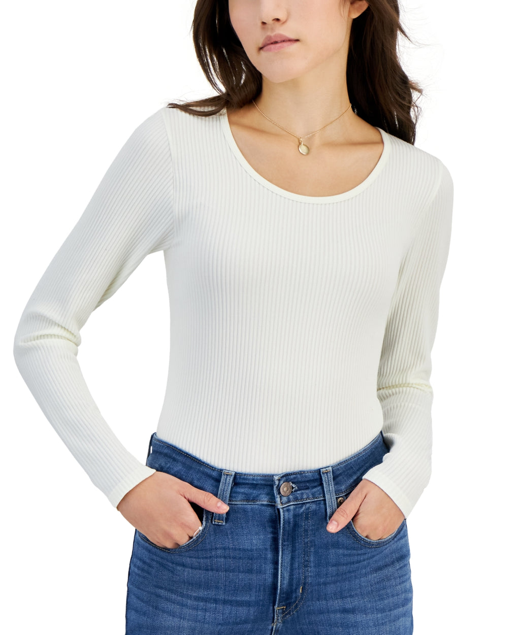 hippie rose Size M Cream Knit  Scoop-Neck Long-Sleeve Seamless Bodysuit NWT