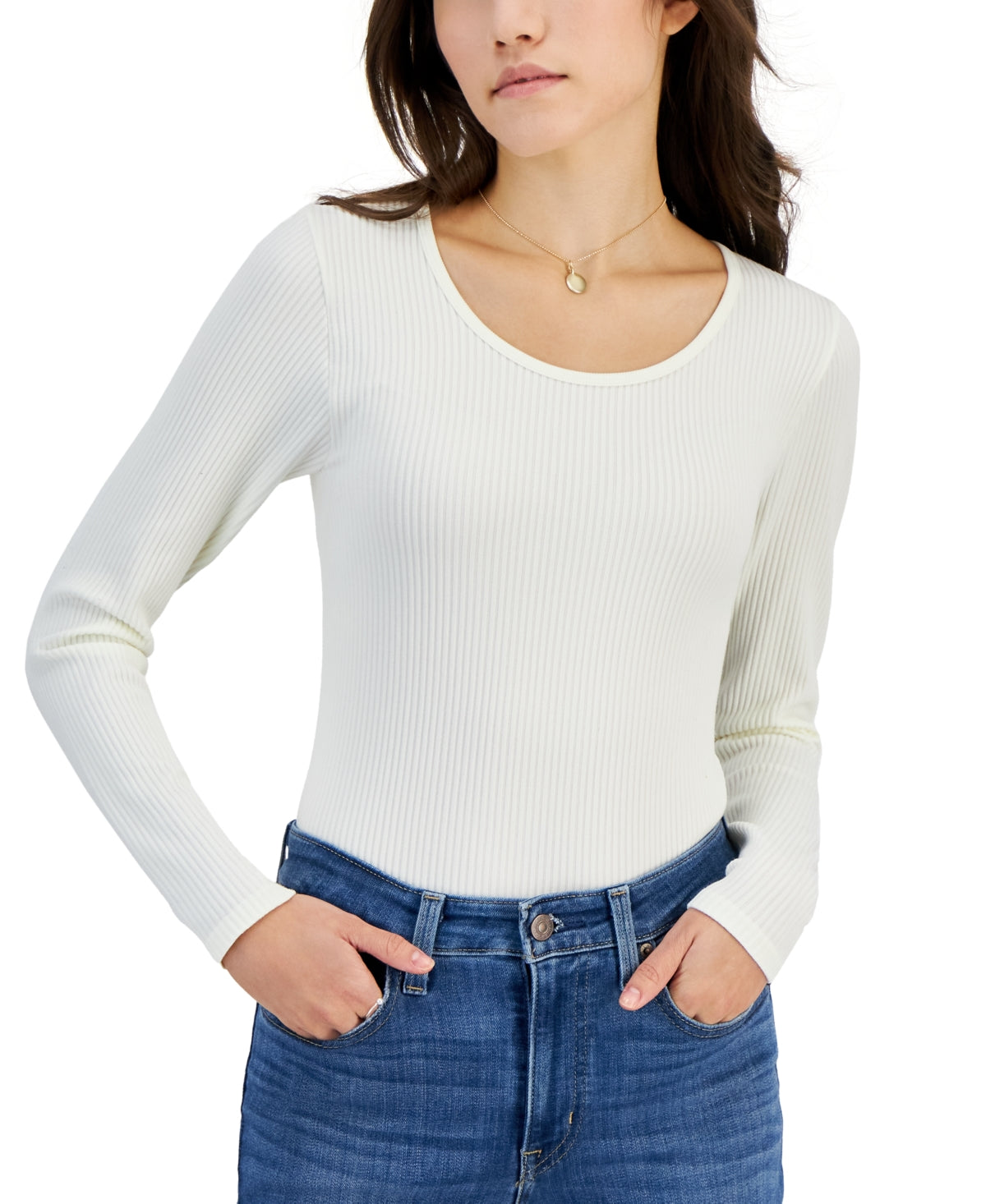 hippie rose Size M Cream Knit  Scoop-Neck Long-Sleeve Seamless Bodysuit NWT