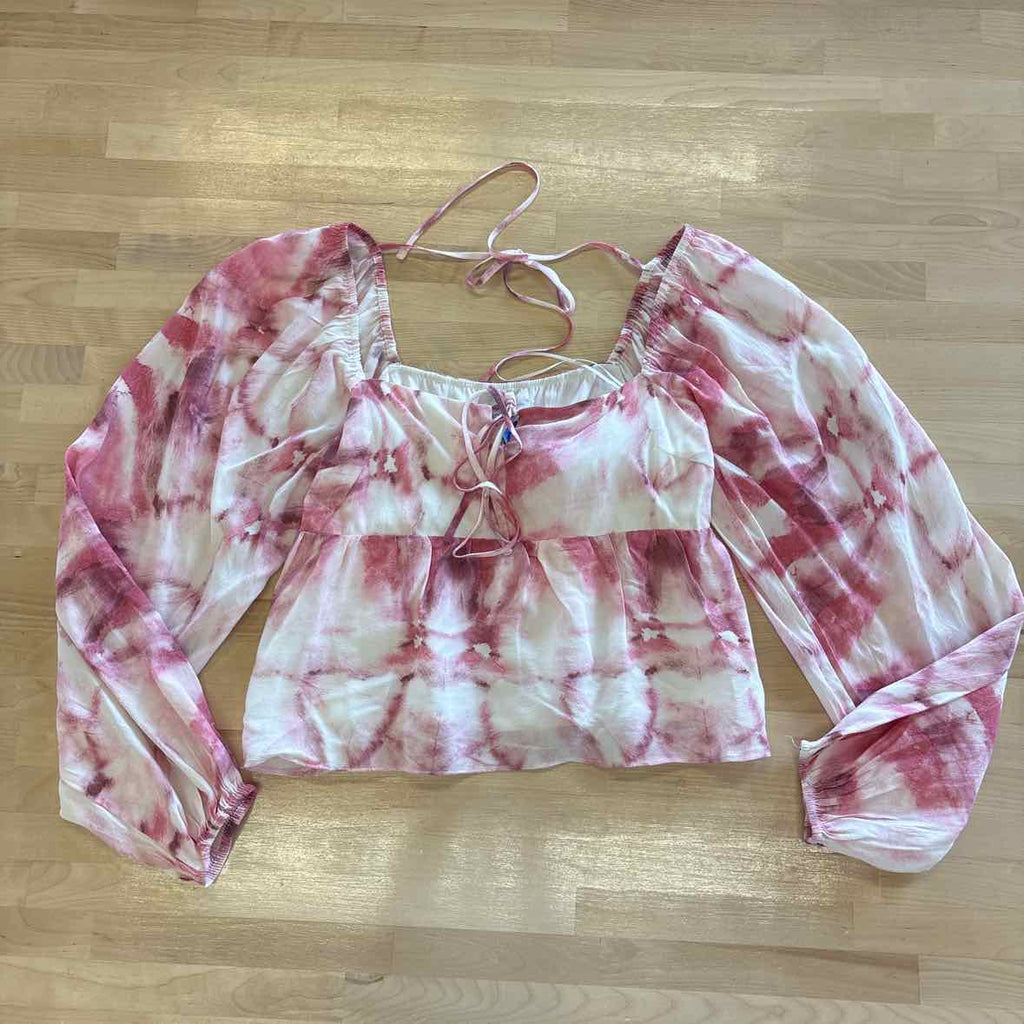 Lucy Paris Size XS Pink Print Tie-Dye Bishop Sleeve Cropped  Blouse NWT