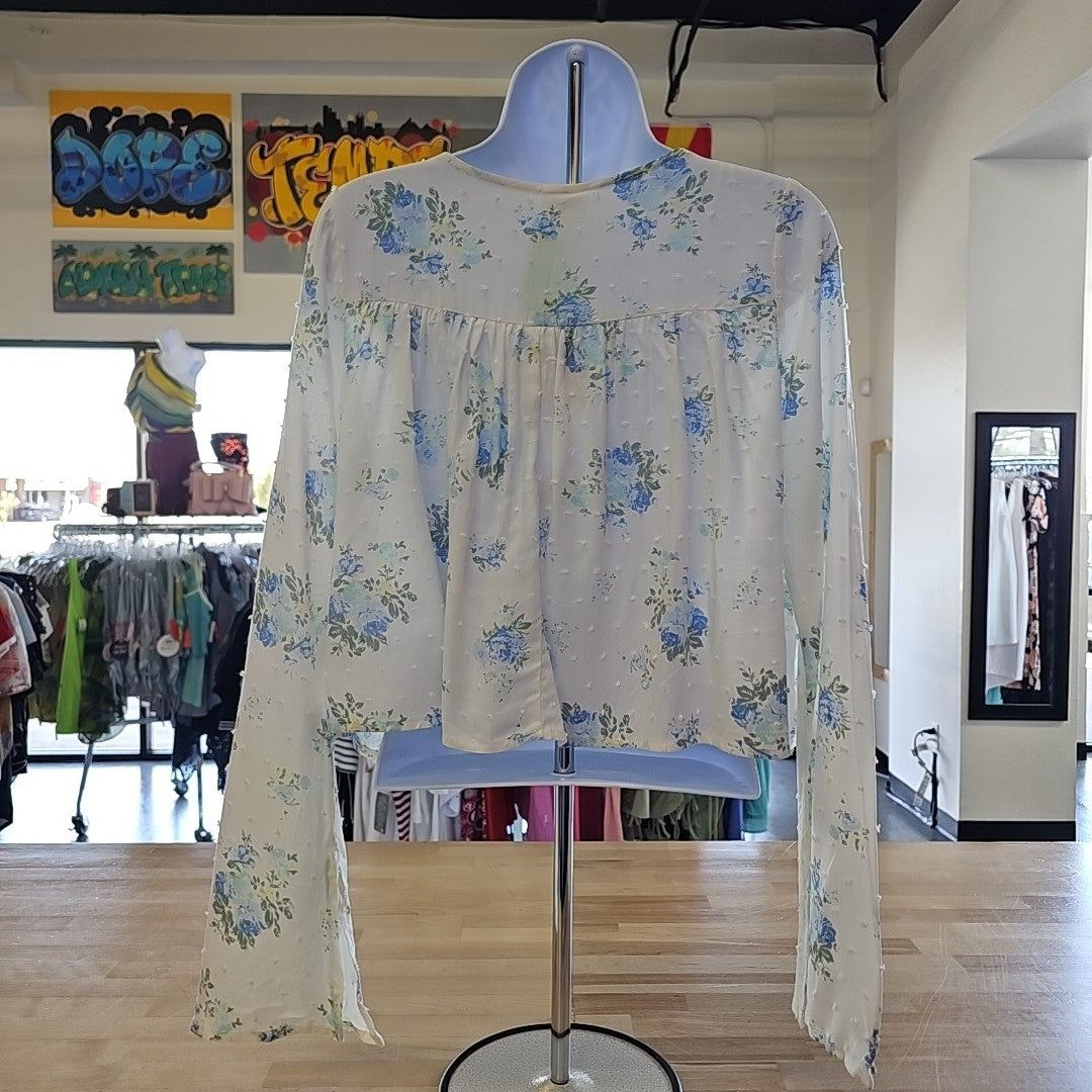 Juniors Self Esteem Floral Gauze Yoke Bell Sleeve Blouse