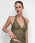 DKNY Size S Halter V-Neck Shirred Tankini Top - Moss