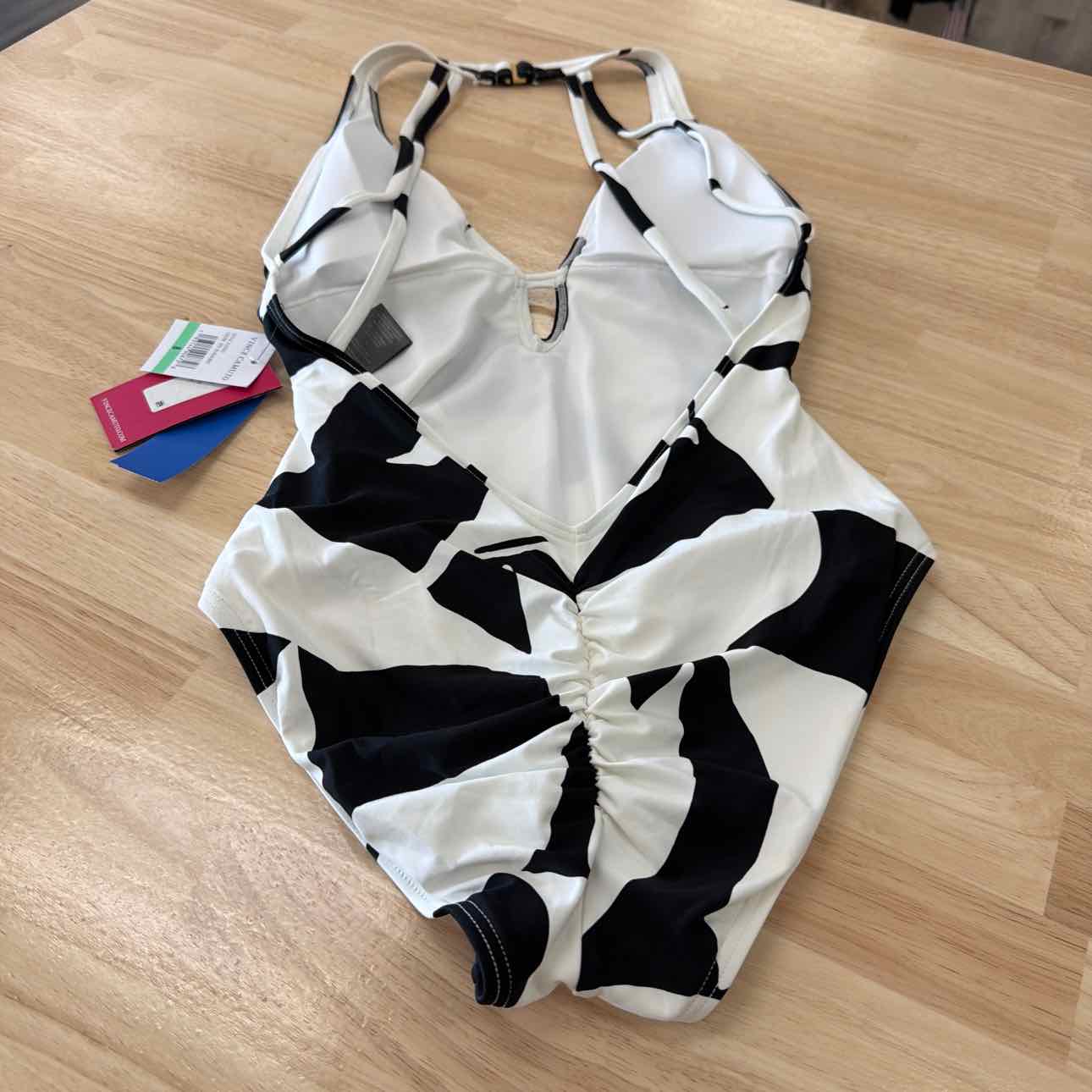 Vince Camuto Women's Printed Plunge-Back Ruched One-Piece Swimsuit - Black/white