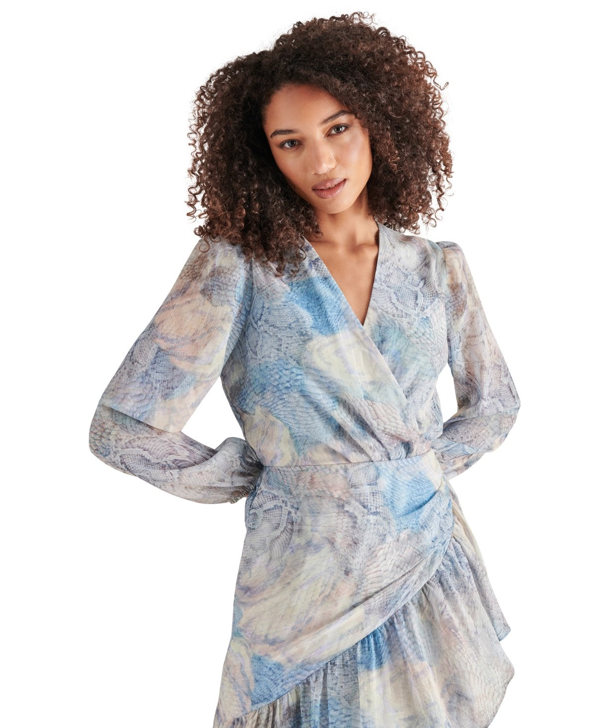 Steve Madden Size L Renata Printed Faux-Wrap MIDI Dress - Multi