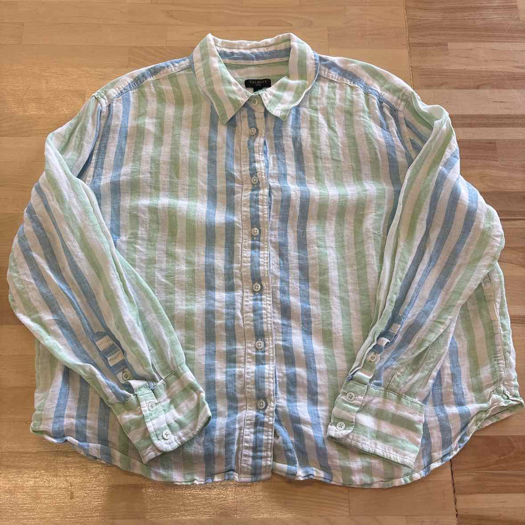 Talbots Size LP White Blue Green Preloved Button Down LS