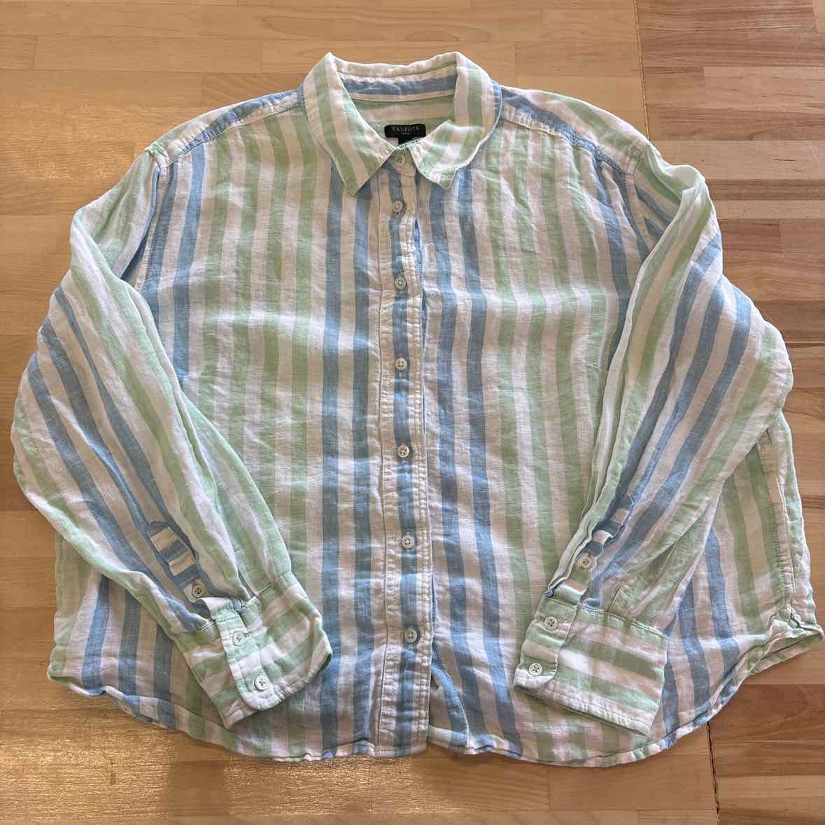 Talbots Size LP White Blue Green Preloved Button Down LS