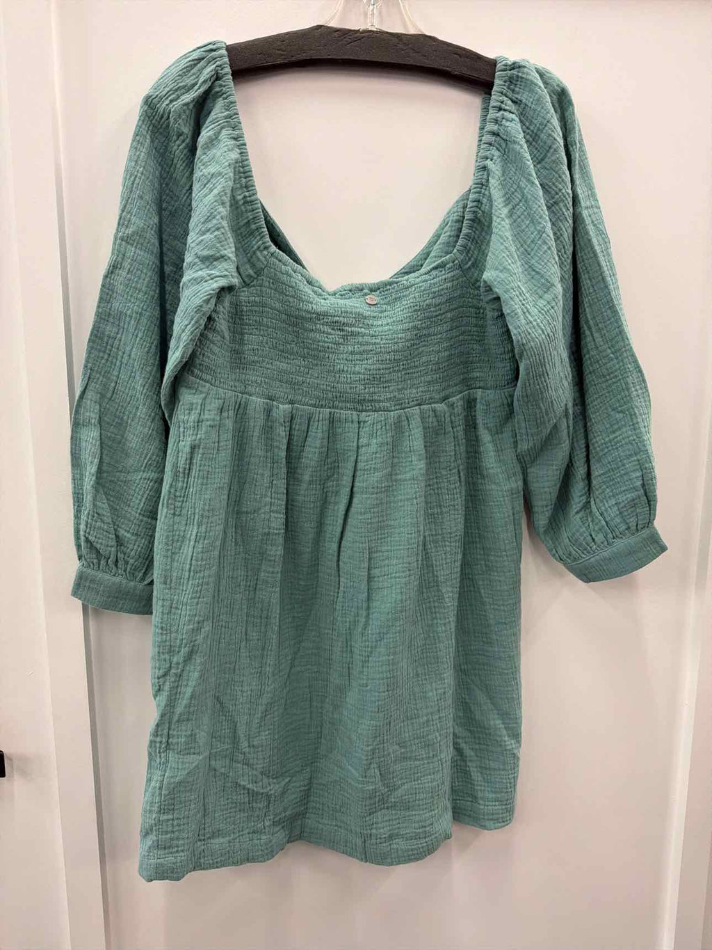 ROXY Mini Dress Sz L Mineral Blue V-Neck Peasant Sleeves New with Tags