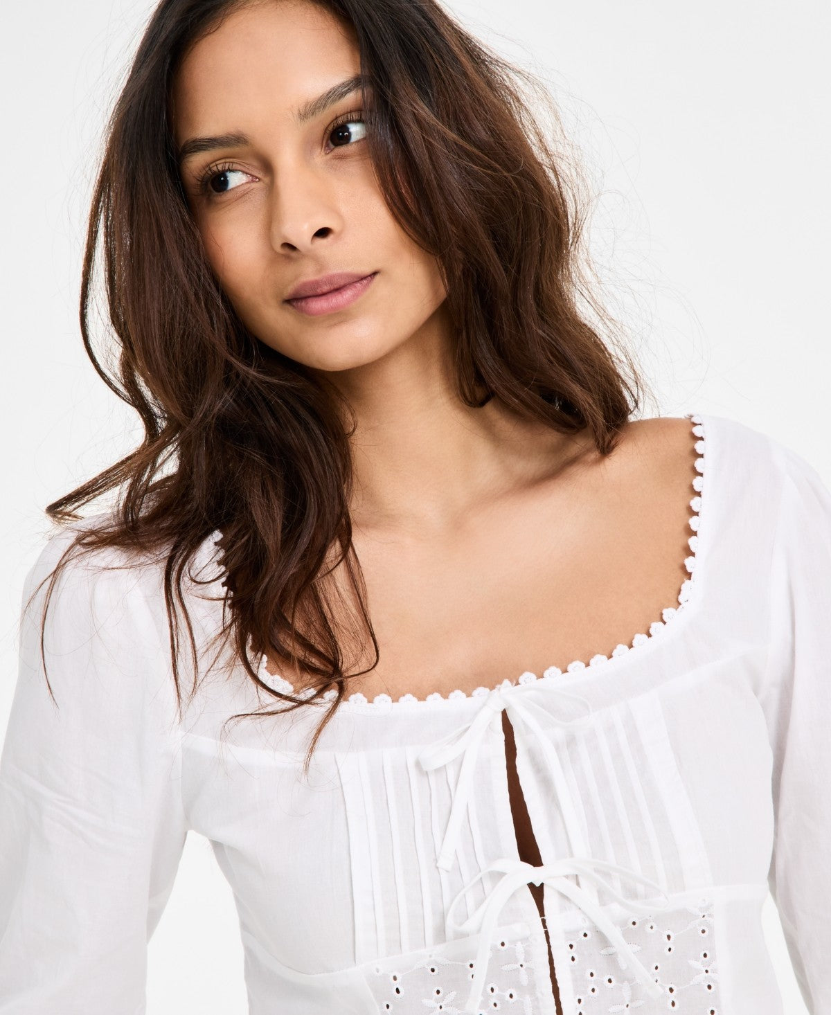 Self Esteem SZ S Juniors' Tie-Front Eyelet Top - White