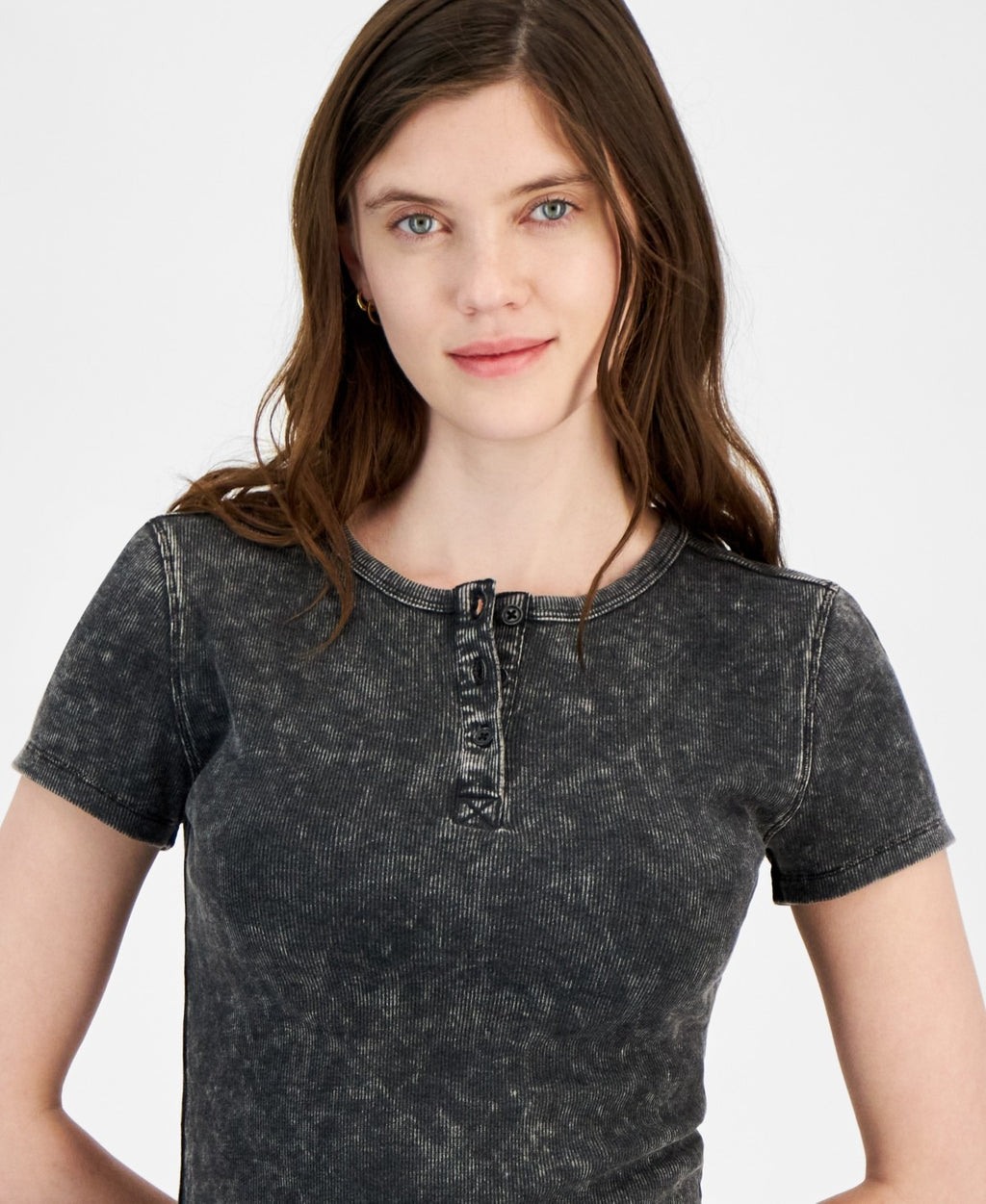 Rebellious One Juniors' Ribbed Washed Henley Tee - Black