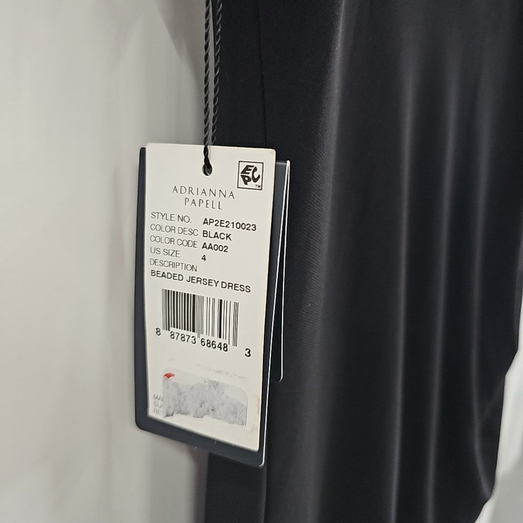 Adrianna Papell Size 4 Black Beaded One Shoulder Dress
