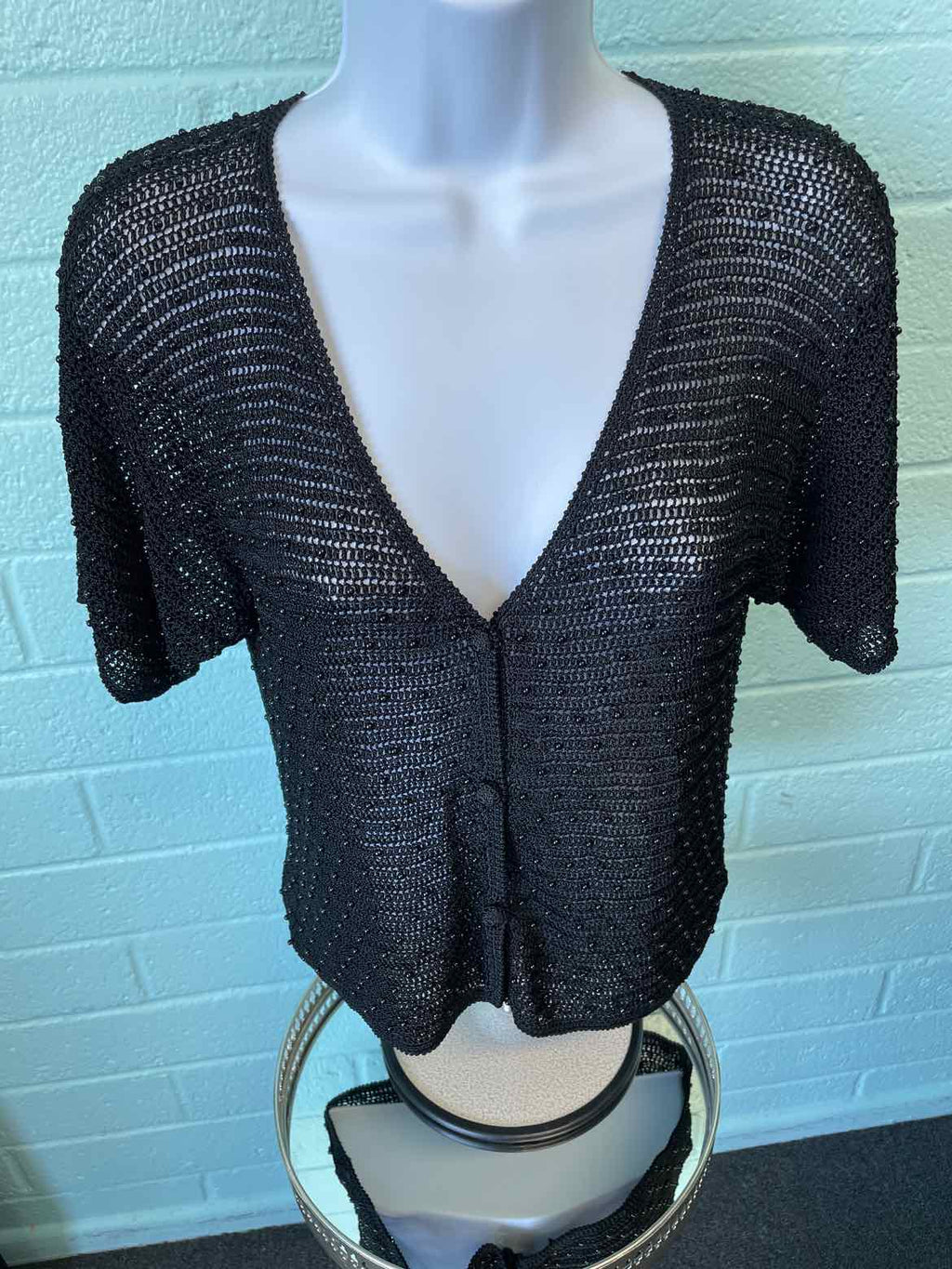 kroshetta Size M Black crochet & beaded Sweater