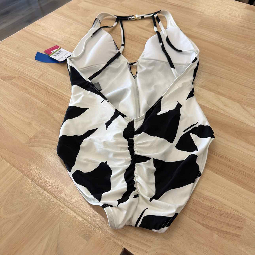 Vince Camuto Women's Printed Plunge-Back Ruched One-Piece Swimsuit - Black/white