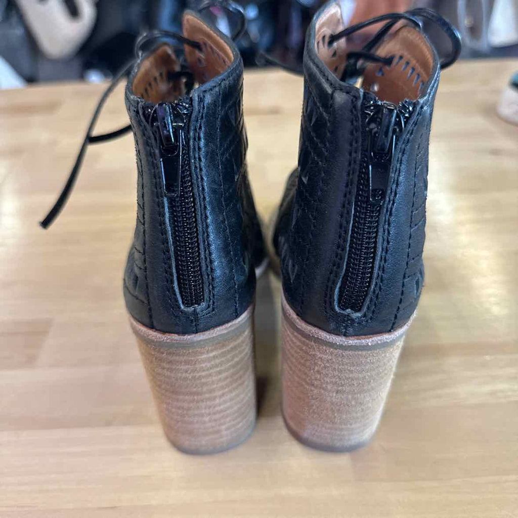 Jeffrey Campbell Size 6 Cordillo Black Laser Cut Leather Tie Front Bootie  Heels