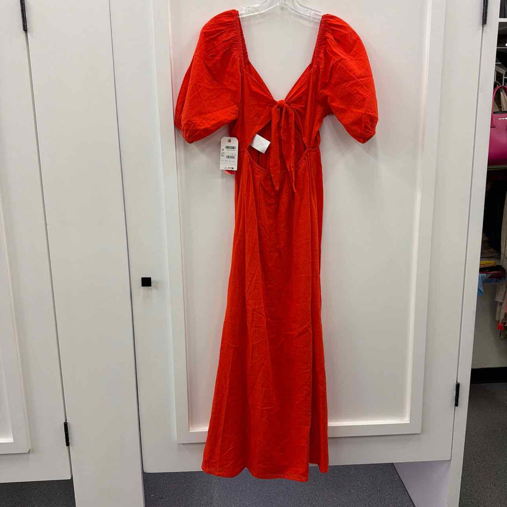 billabong Size M Love Fade Puff-Sleeve Cotton Maxi Dress - Sunset Red