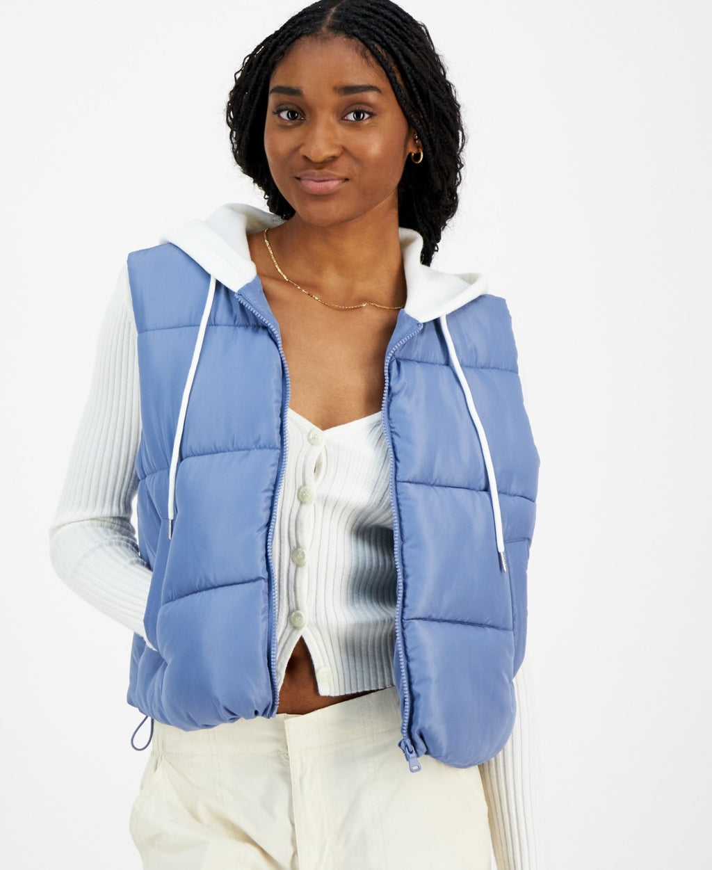 Madden Girl Size M Juniors' Hoodie Puffer Vest - Rustic Blue