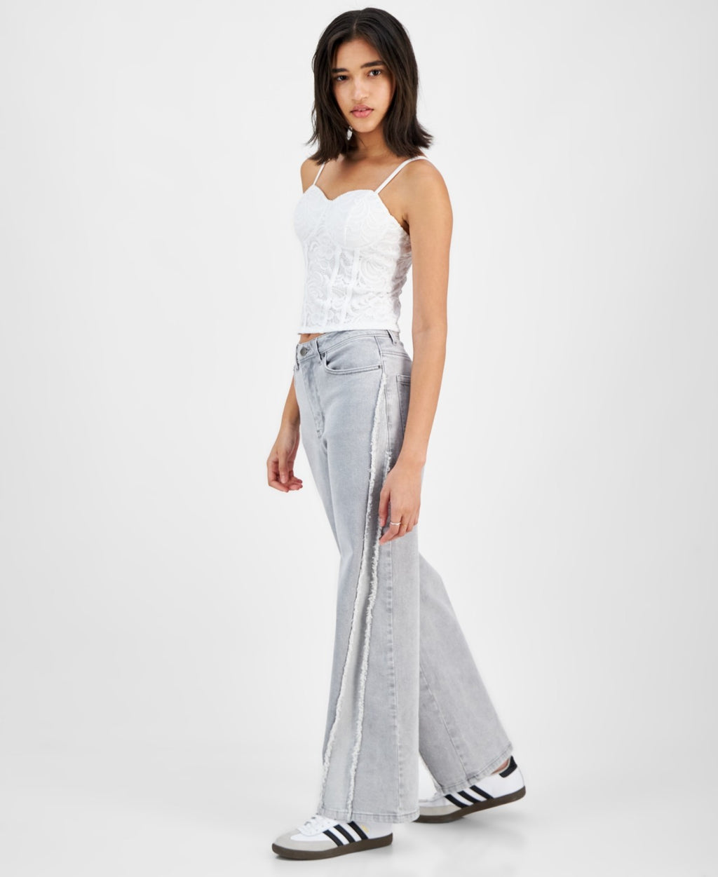 Tinseltown Juniors' High-Rise Frayed Wide-Leg Jeans - Grey - 13