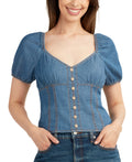 BCX Size XL Denim Puff-Sleeve Sweetheart-Neck Top