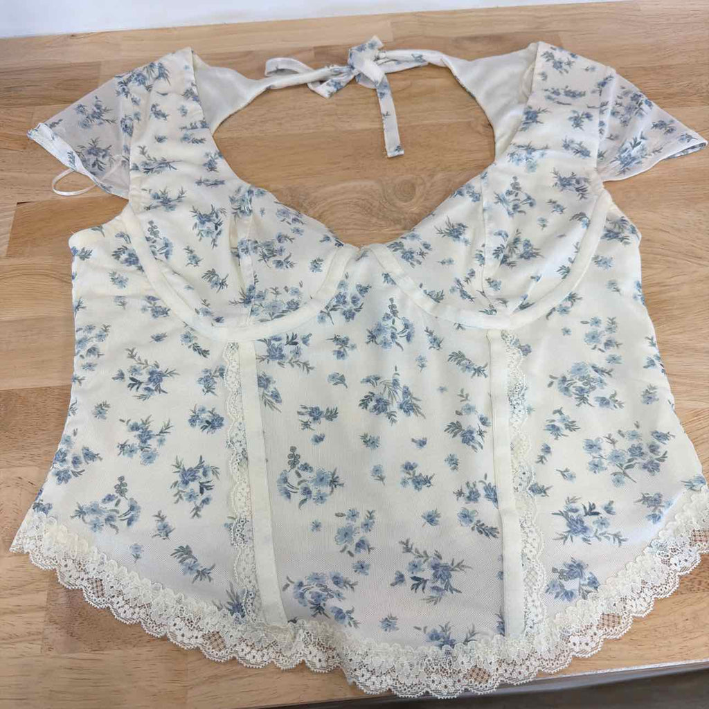 hippie rose Size XL Corset Short-Sleeve Mesh Top - White Floral