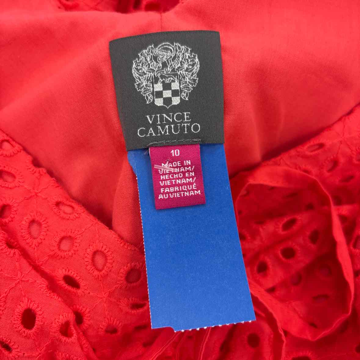 Vince Camuto Size 10 V-Neck Short-Puff-Sleeve Eyelet Dress
