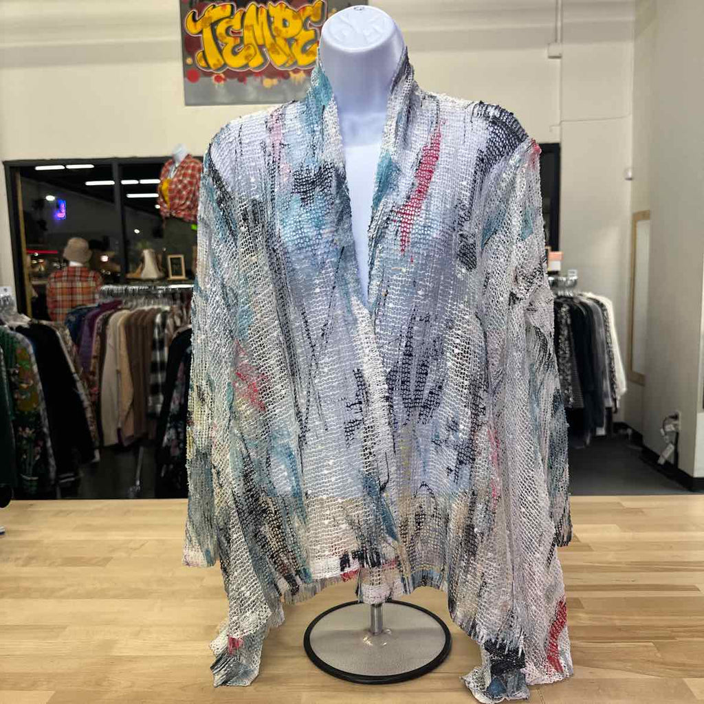 Jess & Jane Size L Blue Print Knit Duster