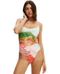 Cotton on Women's Thin-Strap Low-Scoop One Piece Cheeky Swimsuit - Sunset Resort