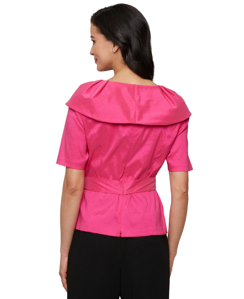 Alex Evenings Elbow-Sleeve Stretch Tie-Waist Collared Taffeta Blouse - Fuchsia