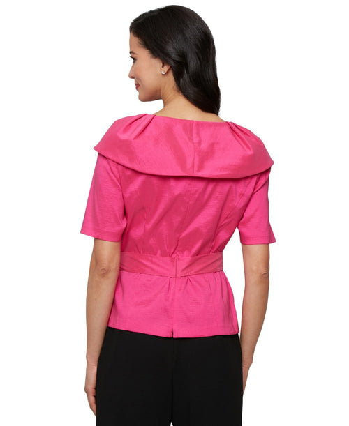 Alex Evenings Elbow-Sleeve Stretch Tie-Waist Collared Taffeta Blouse - Fuchsia