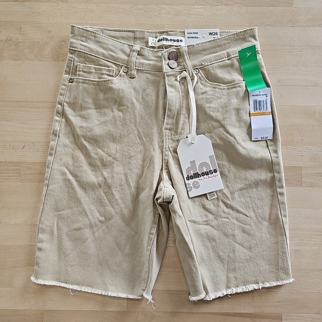 Dollhouse Juniors' High-Rise Frayed Bermuda Shorts - Tan - 3/4