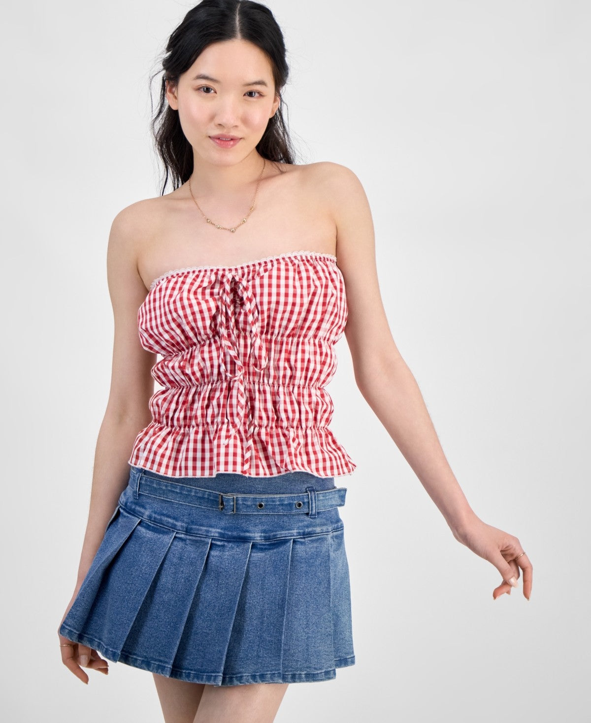 Rebellious One Size S Gingham Shirred Strapless Top - High Risk Red