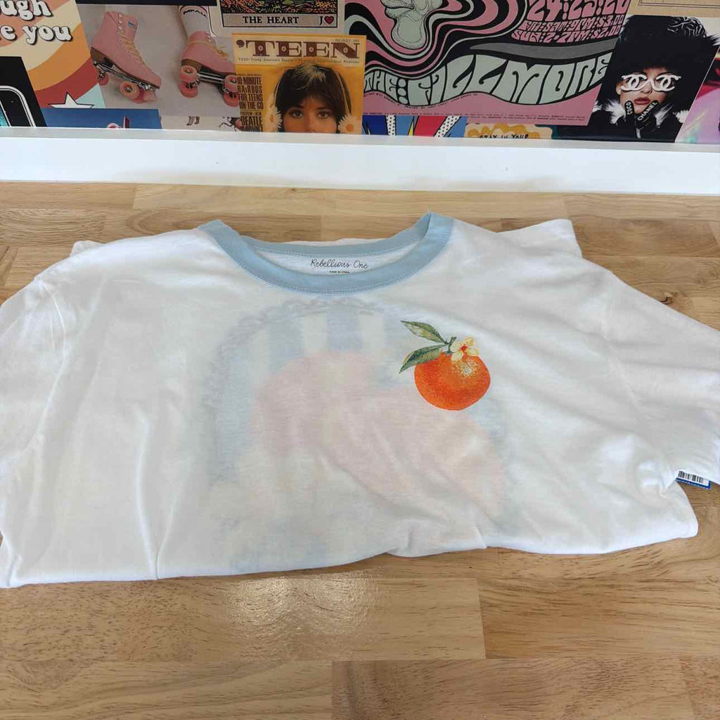 Rebellious One Size L Orange Graphic Short-Sleeve T-Shirt - White/Baby Blue