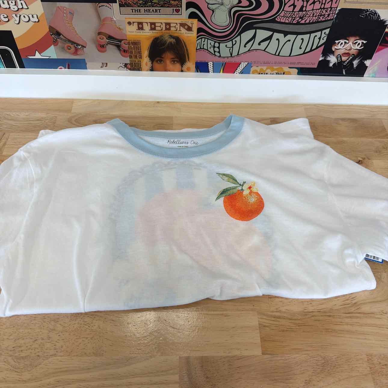Rebellious One Size L Orange Graphic Short-Sleeve T-Shirt - White/Baby Blue