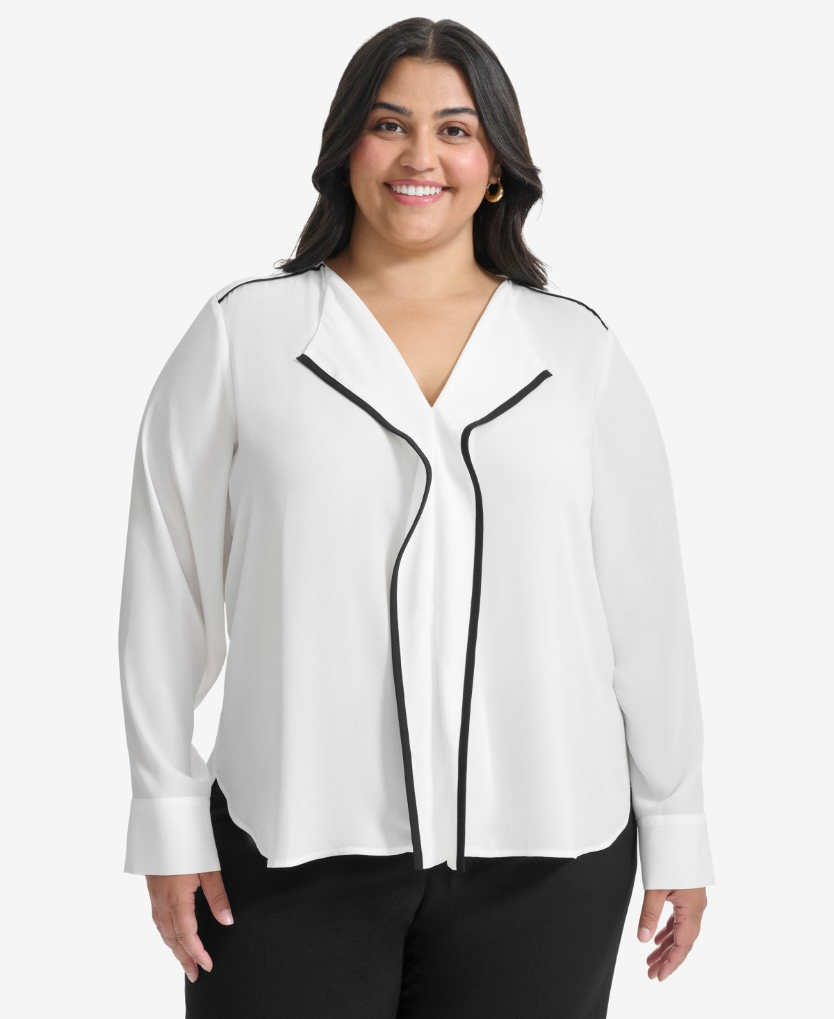 Dkny Plus Size Contrast-Trim Long-Sleeve Blouse