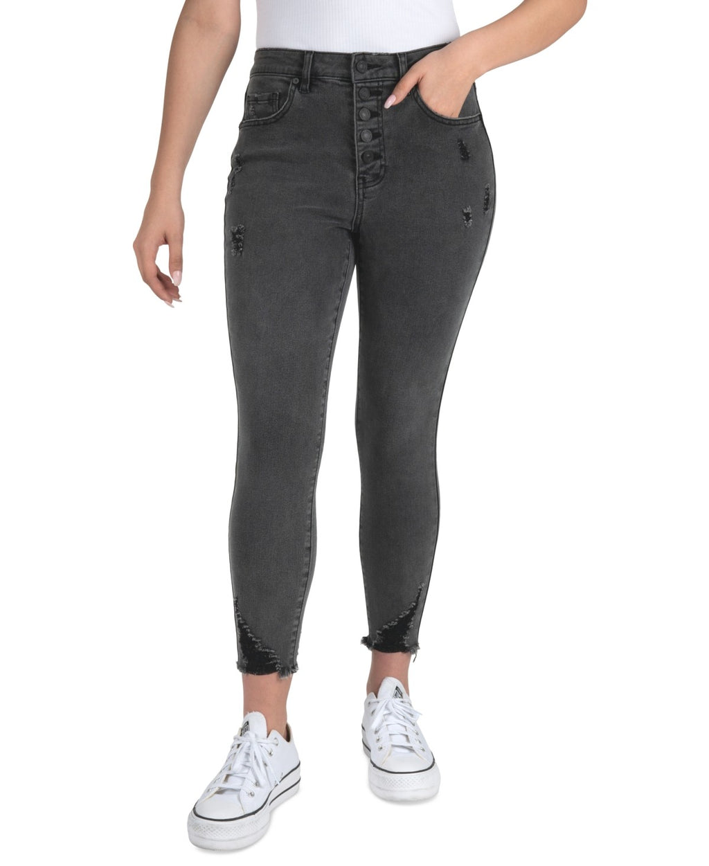 Indigo Rein Juniors' High-Rise Destucted Curvy Crop Jeans - Black