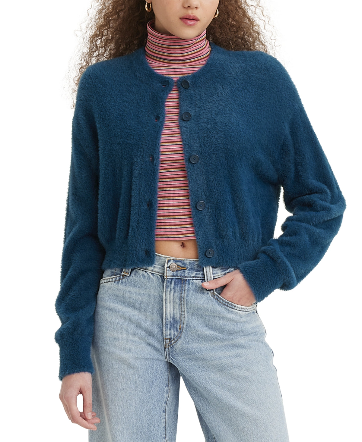 Levi's Size XL Cat Fuzzy Drop-Shoulder Cropped Cardigan - Gibralter Sea