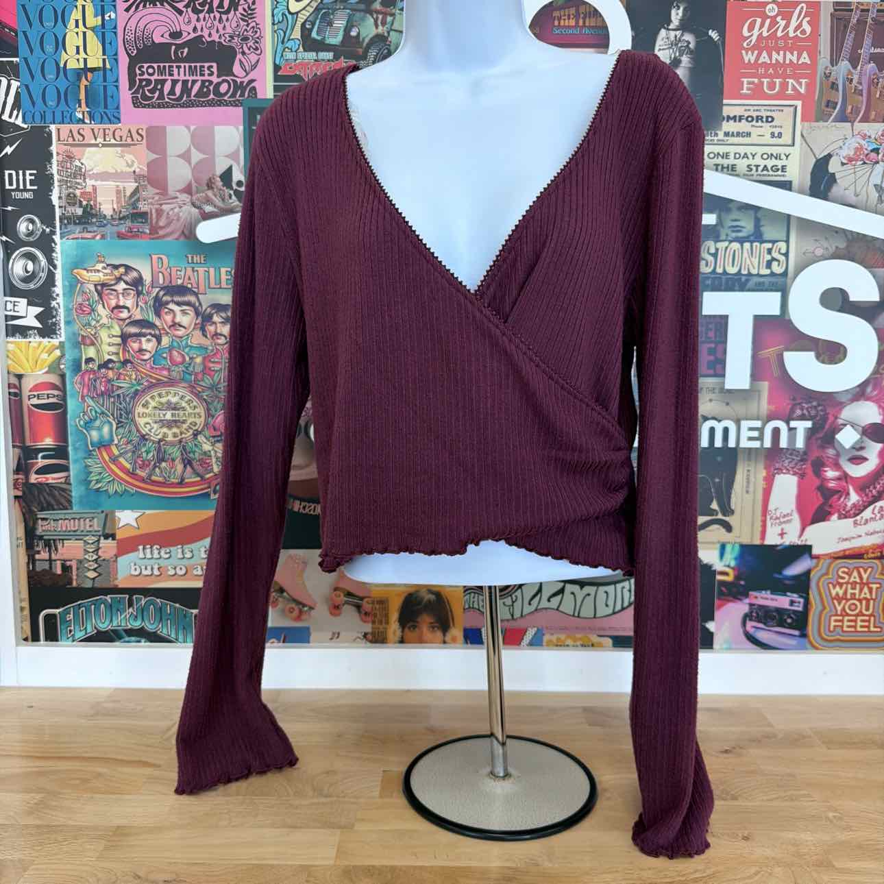 Planet Heart Size XL Surplice-Neck Ribbed Long Sleeve Top