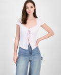Just Polly Juniors' Lace Trimmed Tie-Front T-Shirt - White