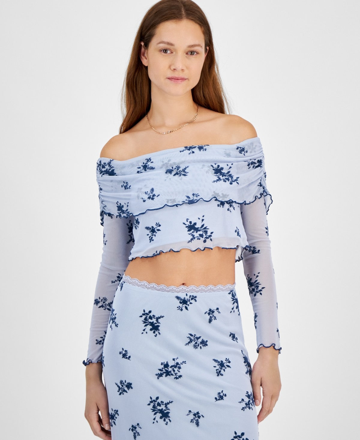 Tinseltown Juniors' Off-the-Shoulder Cropped Mesh Long Sleeve - Light Blue Flora