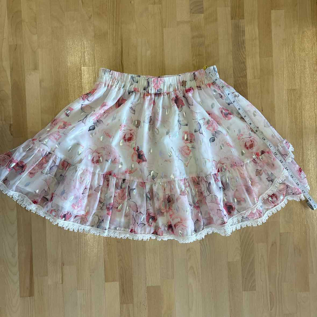 Beulah Size S Pink Print 2 pc Cascade Ruffle Neck Bishop Sleeve Top & Skirt NWT