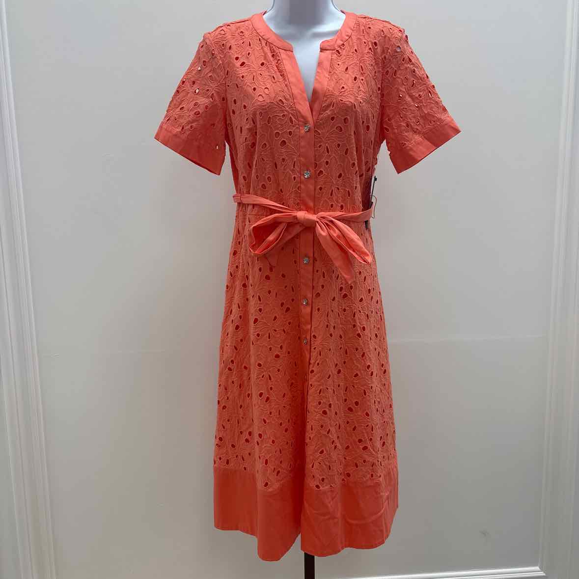 Karl Lagerfield Size 8 Women's Eyelet Cotton a-Line Shirtdress - Coral