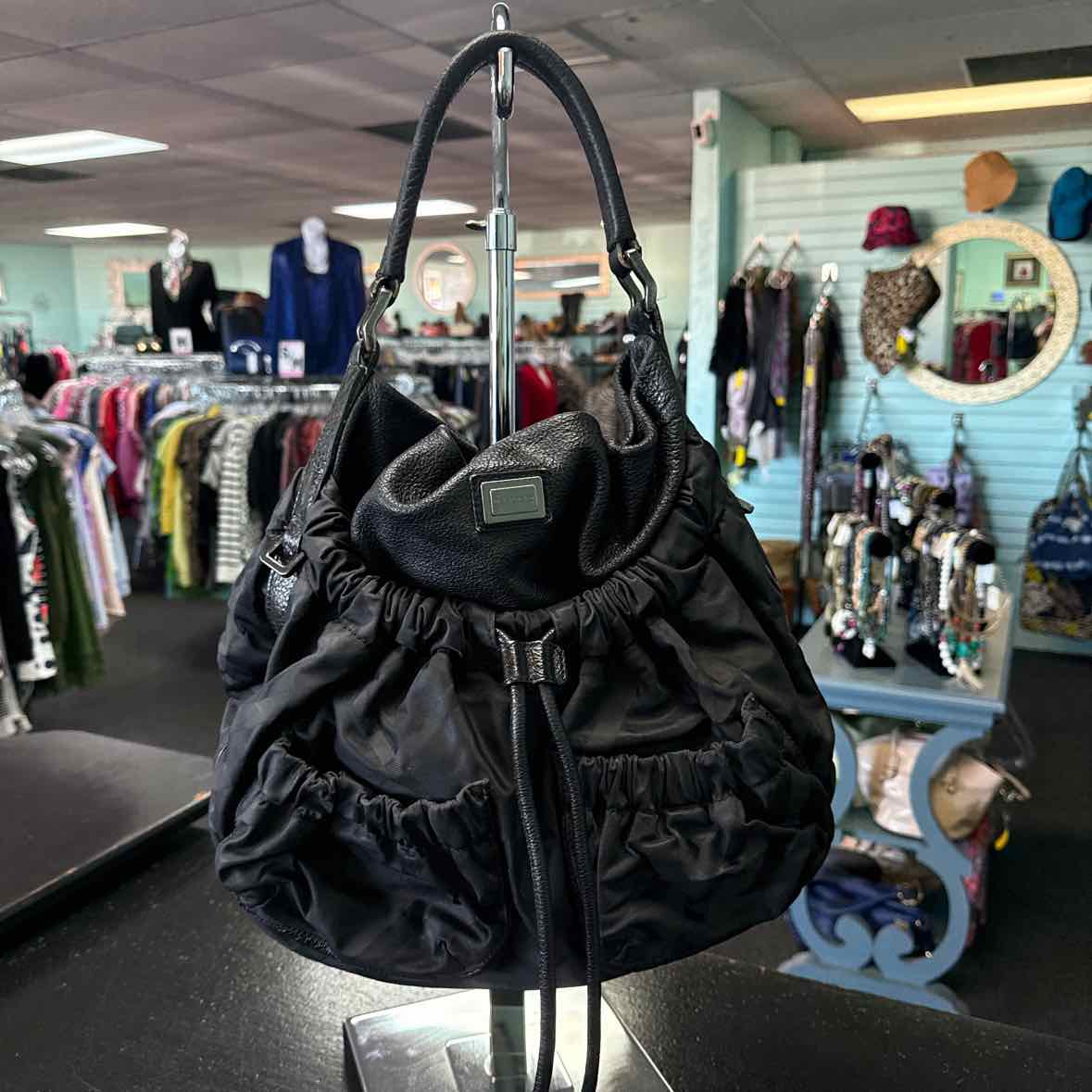 Burberry Shadow Check Black Hobo in Nylon and Leather Pre-Owned