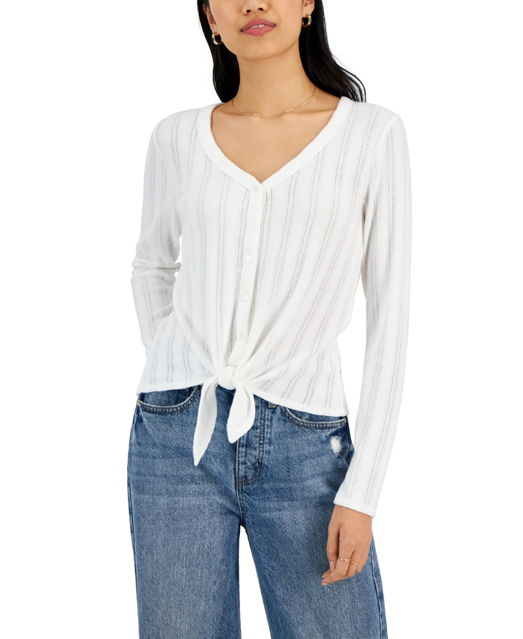 hippie rose Size M Ivory Pointelle-Knit Tie-Front Top NWT