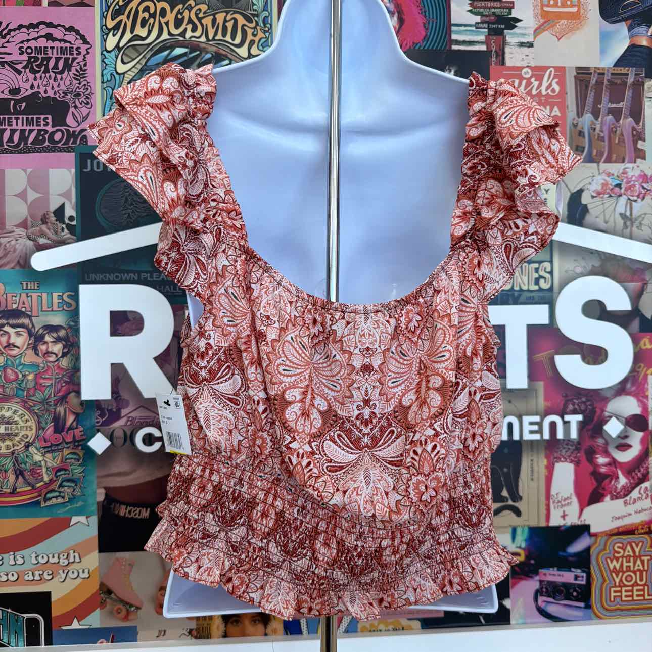 BCX Size L Flutter-Sleeve Smocked Top