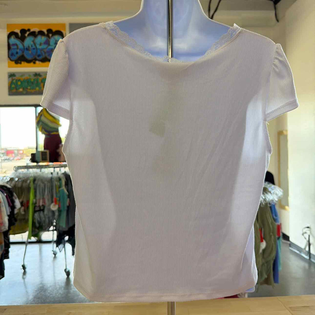 Just Polly Juniors' Lace Trimmed Tie-Front T-Shirt - White