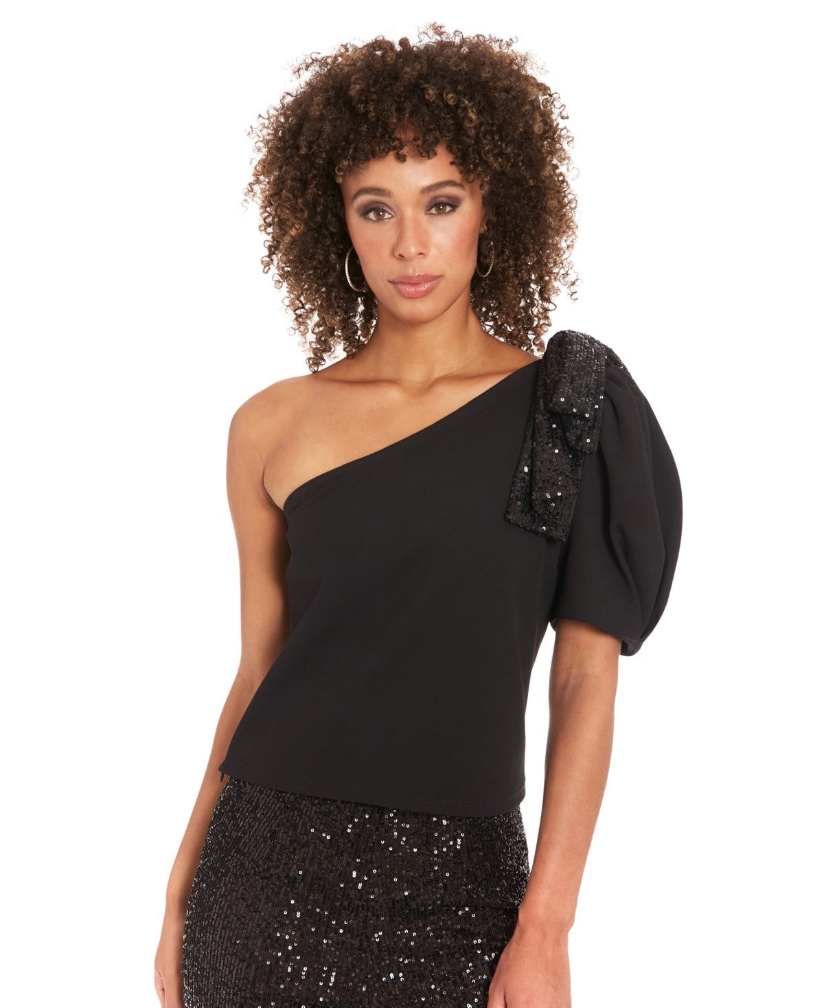 Muse Womens One Shoulder Puff Sleeve Sequin Bow Formal Evening Party Statement G
